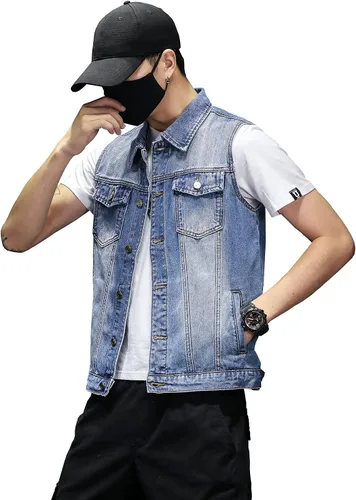 Miniatura 4 de DAVID.ANN Chaleco de mezclilla para hombre, chaqueta sin mangas de camionero