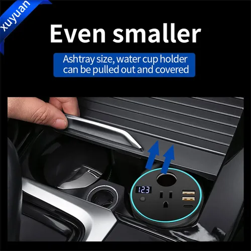 Miniatura 5 de XU Yuan - Inversor de corriente de 150 W/PP300 W para vehículos (negro) Diseño de portavasos DC12V a 110V CA Mini inversor de automóvil con doble