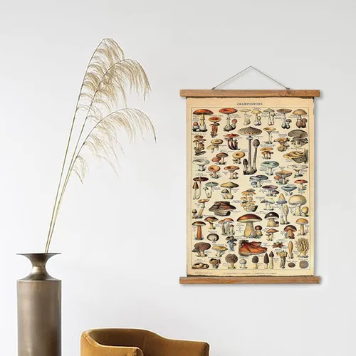 Miniatura 6 de Ovfovy Póster vintage de hongos con marco de madera, estilo retro de pintura botánica de pared, póster de tabla de referencia ilustrativa para sala