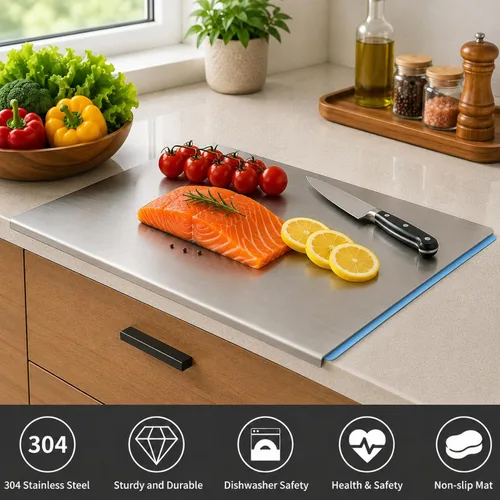 Miniatura 3 de Tablas de cortar grandes de acero inoxidable para cocina, tablas de cortar con alfombrilla antideslizante azul, tabla de cortar con borde
