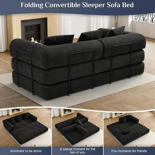 Miniatura 7 de DAMAIFROM Sofá cama convertible con almohada cilíndrica, sofá cama plegable de pana con marco de forma fija, sofá modular de suelo para sala de Negro