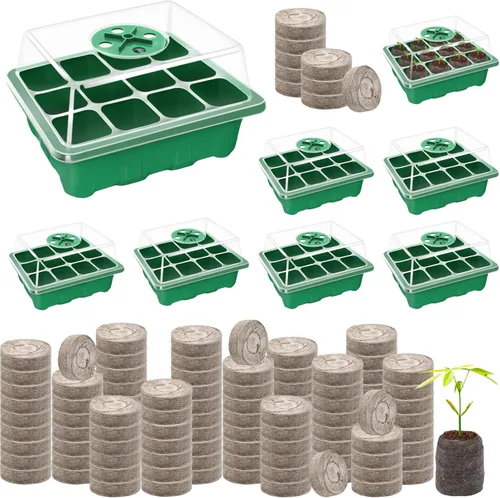 Miniatura 9 de Halatool Paquete de 4 bandejas de inicio de semillas con 50 pellets de turba, 48 celdas de semillas verdes para semillas orgánicas, vainas de tierra