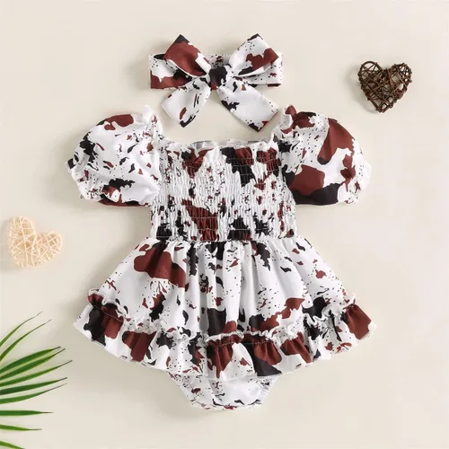 Miniatura 2 de YINGISFITM Mameluco de manga larga para bebé niña con volantes, estampado de vaca, vestido de verano, ropa linda