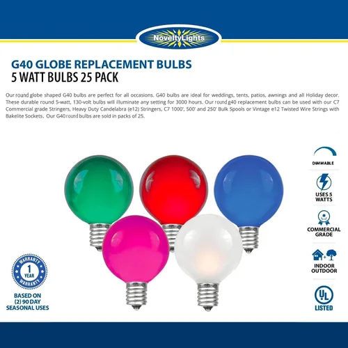 Miniatura 7 de Novelty Lights Paquete de 25 bombillas G40 multicolor para exteriores, bombillas incandescentes de vidrio con 3000 horas de vida útil, bombillas