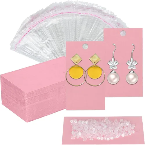 Miniatura 8 de Twavang Juego de portatarjetas para aretes, 100 tarjetas de exhibición de aretes de papel kraft, 100 pares transparentes de aretes con 100 bolsas