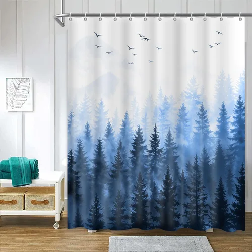 Miniatura 10 de Cortina de ducha de bosque natural, diseño de pino, paisaje de árbol de pino negro, cortina de bañera decoración de baño, tela de poliéster