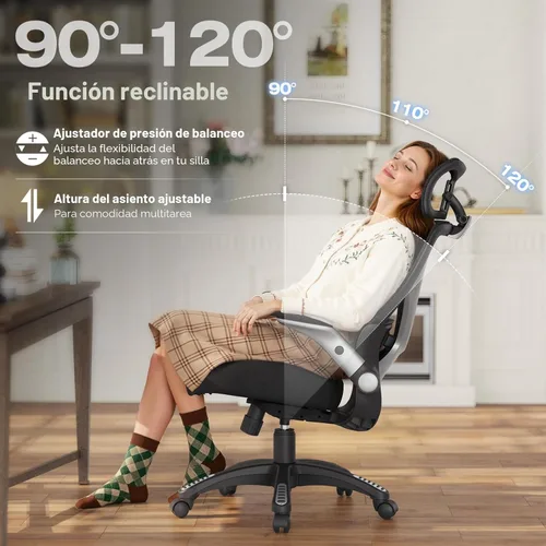 Miniatura 6 de ELABEST X100 Silla de oficina ergonómica de malla, silla grande y alta para el hogar con brazos plegables 5D, soporte lumbar ajustable 3D, sillas