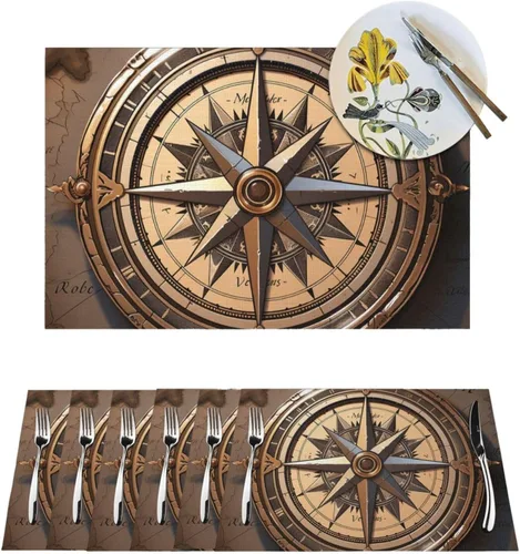6 PCS PVC Placemats Set Place Mats Compass Wind Road Map Non-Slip Weave Place Mats 12" x 18" Farmhouse Table Mat Set for Family Dinners Wedding