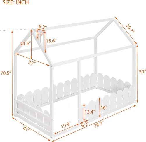 Miniatura 2 de MERITLINE Cama de madera tamaño individual, base de cama con techo, cama individual para niñas, niños, necesita somier, color blanco