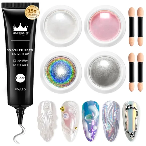 Miniatura 15 de Kit de gel de uñas 3D y polvo de uñas cromado BISHENGYF: 0.53 oz No Wipe Gel de Escultura 3D Aurora Rosa Azul Oro Cromo Polvo de uñas con pegamento