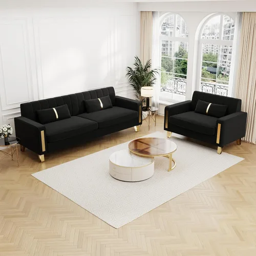 Miniatura 16 de Sofá cama modular de tela de terciopelo de 85.62 pulgadas, 3 asientos, fácil de montar con 2 almohadas de sofá, patas de metal dorado para sala