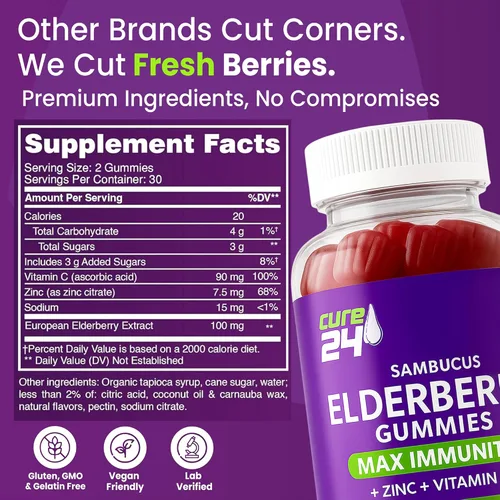 Miniatura 4 de Sambucus - Gomitas de saúco + vitamina C + zinc para niños y adultos, apoyo inmunológico X3, sabores naturales + ingredientes, veganas, sin OMG