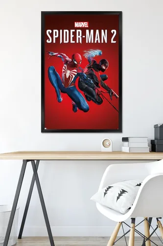 Miniatura 6 de Marvel's Spider-Man 2 - Póster de pared de arte clave, 22.4 pulgadas de largo x 14.7 pulgadas de ancho, versión enmarcada de madera de granero