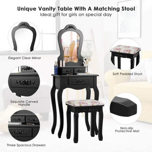 Miniatura 7 de LDAILY Juego de mesa de tocador con taburete acolchado, mesa de maquillaje con espejo transparente y 3 cajones de almacenamiento, escritorio