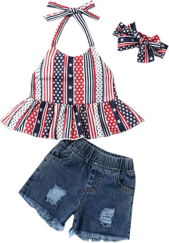 Noubeau Traje de niña del 4 de julio con diseño de bandera americana, top halter para niñas, jeans rasgados, pantalones cortos de mezclilla, ropa de