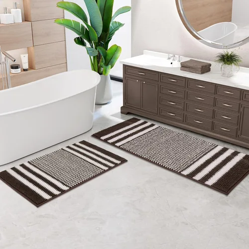 Juego de 2 alfombras de baño de felpilla extrasuaves y absorbentes, esponjosas, a rayas, antideslizantes, lavables a máquina (21 x 47 pulgadas más