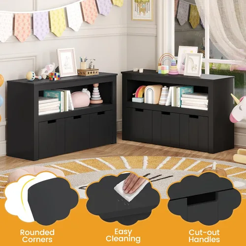 Miniatura 7 de HONEY JOY Organizador de almacenamiento de juguetes para niños, estante de guardería para niños, 3 cajas de juguetes de madera con ruedas, armario