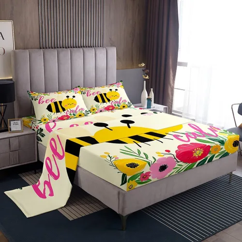 Miniatura 16 de Erosebridal Yellow Bee - Sábana bajera ajustable tamaño individual, sábanas de abeja de dibujos animados Kawaii para niños y niñas, juego de sábanas