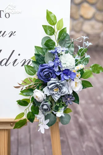 Miniatura 4 de Letreros florales de bienvenida de boda (paquete de 2), flores de arco de boda para decoración de boda y decoración de fondo de recepción (azul)