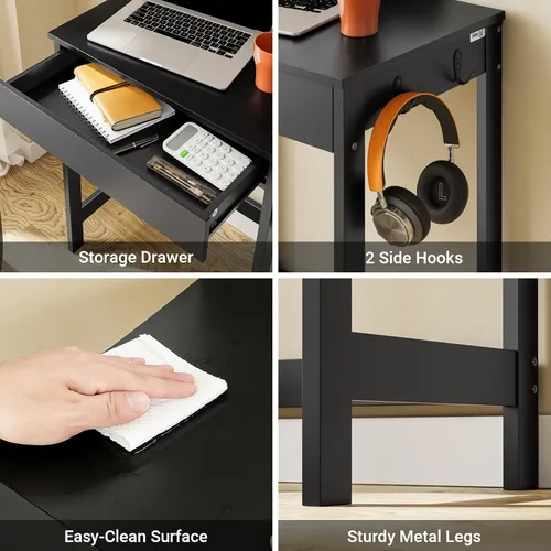 Miniatura 7 de SoBuy Escritorio pequeño con cajones de MDF, mini escritorio de 24 pulgadas con ganchos laterales, adecuado para niños y adolescentes en dormitorio