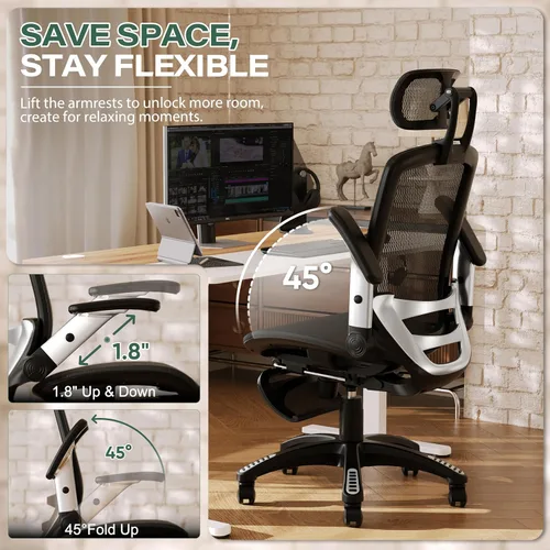 Miniatura 5 de GABRYLLY Silla de oficina ergonómica con reposapiés, silla de escritorio de espalda alta para el hogar - Reposacabezas 3D, brazos abatibles, Negro