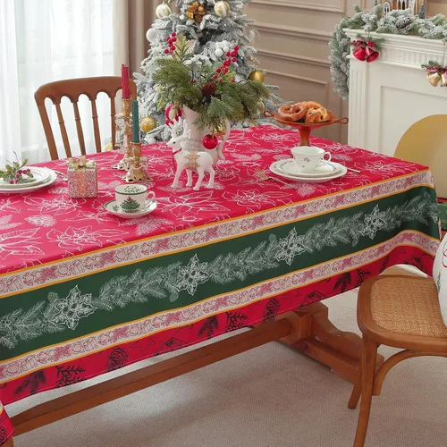 Miniatura 6 de SASTYBALE - Mantel navideño rectangular de 52x70 pulgadas, con diseño vintage de Flor de Pascua y acebo, resistente a las arrugas, para cenas