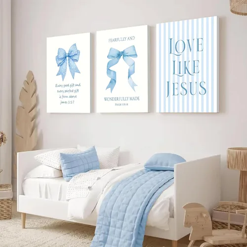 Miniatura 5 de Decoración de pared de 3 piezas con lazos azul claro, decoración de pared para habitación de niña adolescente de Jesús, bonitas imágenes