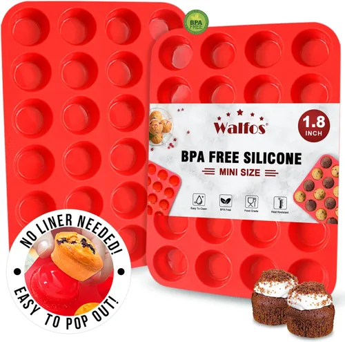 Walfos Juego de moldes de silicona para magdalenas, 2 piezas, mini molde para hornear magdalenas, sin BPA y apto para lavavajillas, antiadherente,