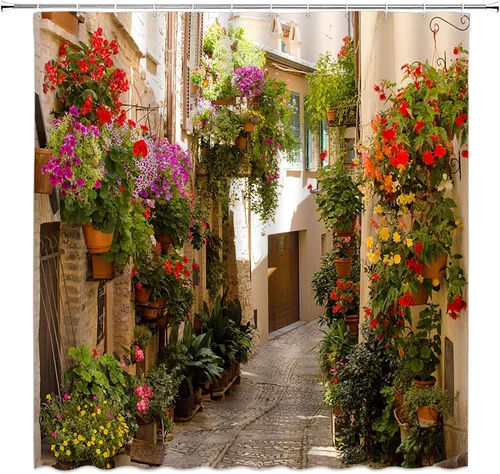 GCTNBJL Cortina de ducha italiana para jardín europeo, escena de Grecia, Toscana vintage, planta floral, mediterránea, marrón, verde, pequeña