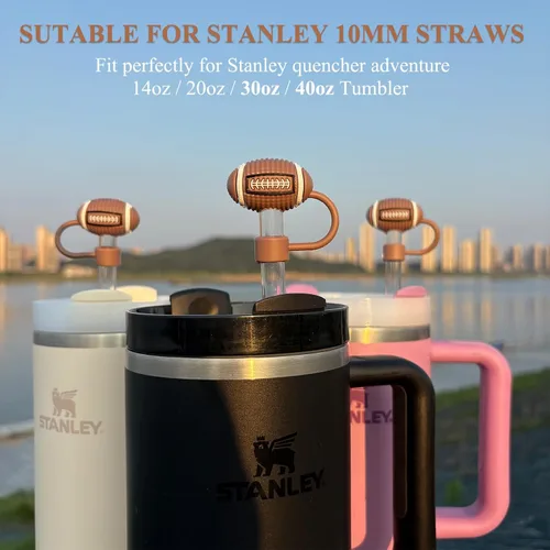 Miniatura 3 de Americh - Accesorios de fútbol con 3 adornos de paja de fútbol 3D y 2 llaveros de rugby, tapas de paja de silicona reutilizables para vaso Stanley