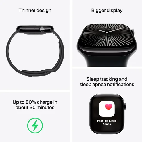 Miniatura 3 de Apple Watch Series 10 (42 mm, GPS) con caja de aluminio negro azabache, correa deportiva negra, S/M monitor fitness, app ECG, pantalla Retina Caja