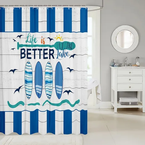 Miniatura 2 de Erosebridal Cortina de ducha náutica para niños y niñas, juego de cortinas de ducha de baño azul y blanco océano 72 x 72 pulgadas, cortina de ducha