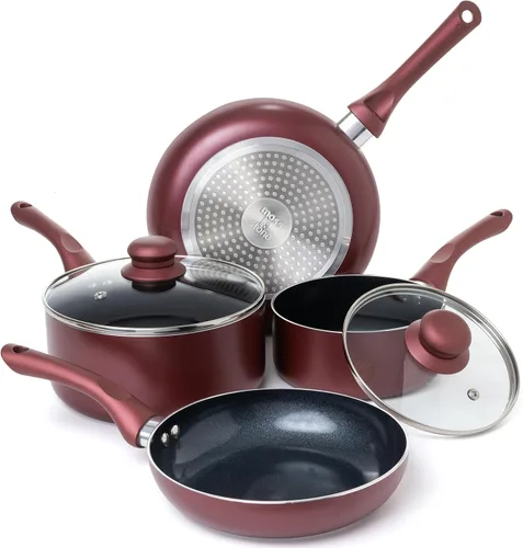 Moss & Stone Juego de 6 utensilios de cocina antiadherentes, ollas y sartenes antiadherentes con tapa de vidrio, utensilios de cocina de inducción,