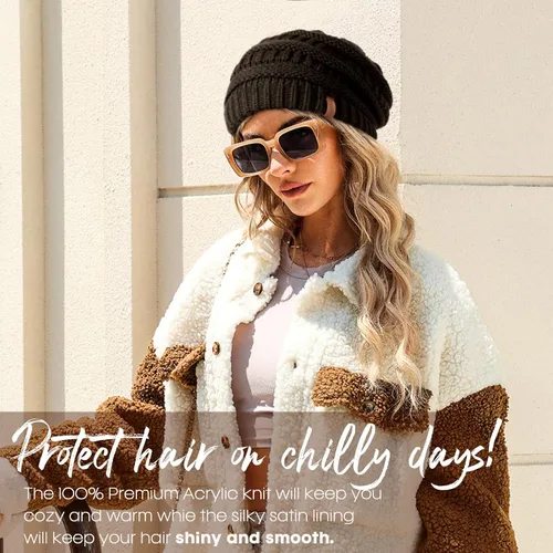 Miniatura 66 de FURTALK Gorro de invierno para mujer, con forro de satén, tejido trenzado, grueso, holgado, gorro cálido