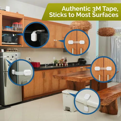 Miniatura 9 de Cerraduras de correa de seguridad para niños (paquete de 4) cerraduras para bebés para armarios y cajones, inodoro, refrigerador y más. Almohadillas