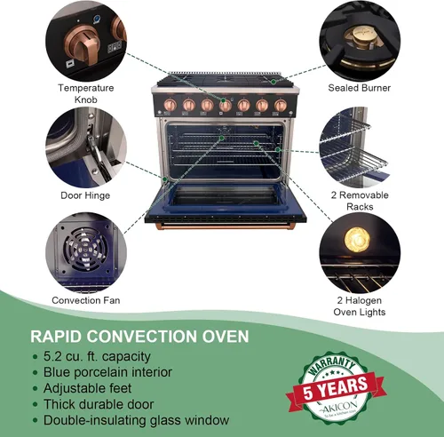 Miniatura 4 de Akicon Cocina de gas de estilo profesional independiente deslizable de 36 pulgadas con horno de 5.2 pies cúbicos, 6 quemadores, ventilador de Blanco
