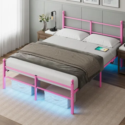 Miniatura 8 de Base de cama tamaño Queen con cabecero, plataforma de metal con luces LED, estación de carga, almacenamiento debajo de la cama y soporte de listones