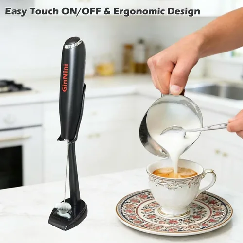 Miniatura 7 de Espumador de leche de mano y bandeja de goteo, funciona con pilas, sin salpicaduras Máquina de espuma, apagado automático, batidor de acero
