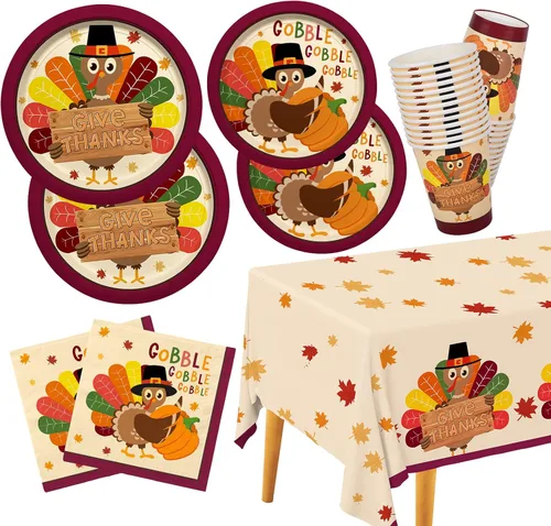 Miniatura 10 de Kit de suministros para fiestas temáticas de otoño, sirve 25, vajilla desechable de cosecha de otoño incluye: platos llanos de papel, platos