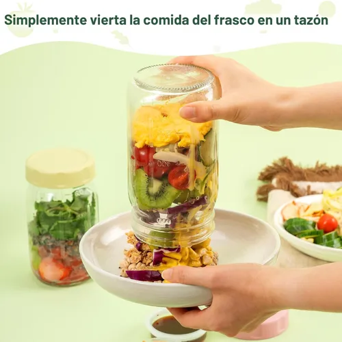 Miniatura 4 de SOLIGT Paquete de 4 tarros de ensalada de vidrio con tapas para preparación de comidas, recipiente a prueba de fugas para el almuerzo, con vasos