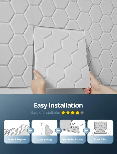 Miniatura 7 de Paneles acústicos para pared con absorción de sonido, paneles de azulejos autoadhesivos de diseño hexagonal en nido de abeja, paquete de 12