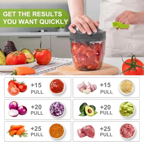 Miniatura 7 de Procesador manual de alimentos, picadora de verdura portátil a cuerda, para picar ajo, cebolla, jengibre, frutas, frutos secos, hierbas, etc., 900