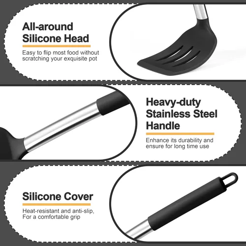 Miniatura 3 de P&P CHEF Juego de 4 utensilios de cocina negros de cocina, espátulas sólidas de silicona, cucharas ranuradas, giradores para utensilios de cocina