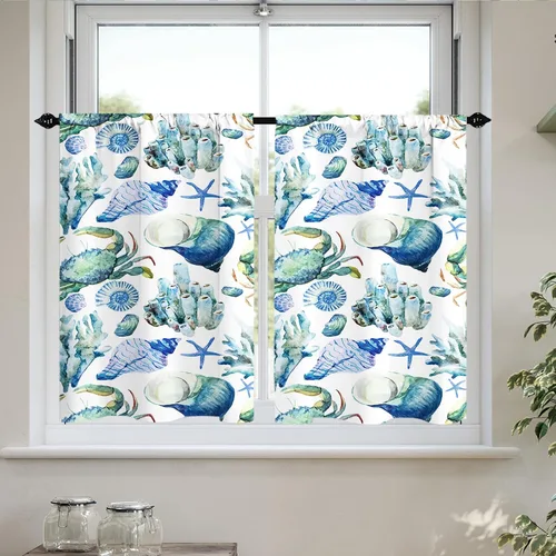 Miniatura 11 de Cortinas cortas de cocina con diseño náutico de tortugas marinas azules y playas, media cortina de baño para dormitorio, juego de 2 paneles de 27.5