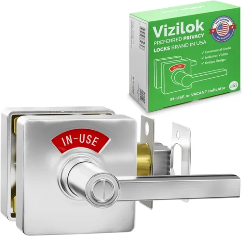Miniatura 8 de VIZILOK Cerradura de puerta comercial para privacidad del baño, seguridad, cerradura indicadora estándar en cromo satinado, grado ANSi 2, perfecta