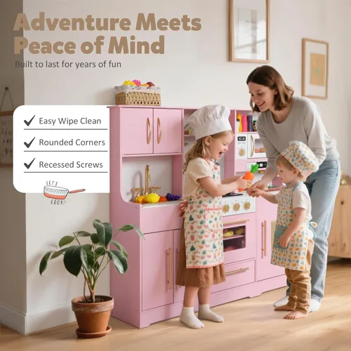 Miniatura 4 de TODEFULL Juego de cocina de madera para niños con sistema de almacenamiento de juguetes, juego de cocina de simulación con campana extractora, Rosa