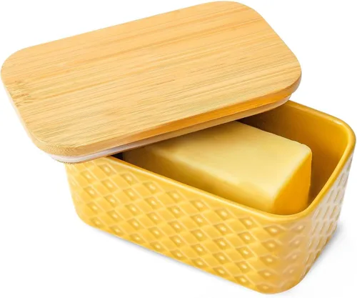 Miniatura 17 de Hasense Mantequillera de cerámica con tapa, recipiente grande para mantequilla hermética para encimera, patrón azul marino en relieve, fácil