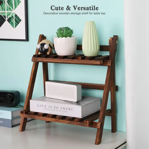 Miniatura 2 de Jotsport Soporte de mesa de 2 niveles para plantas, estilo escalón, organizador de almacenamiento de escritorio, estante de exhibición de madera