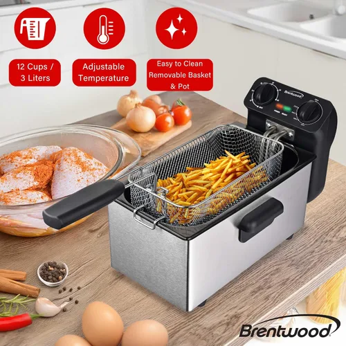 Miniatura 2 de Brentwood DF-730S - Freidora eléctrica de acero inoxidable de 1500 W, 3 L, 12 tazas con temperatura ajustable y filtro sin olor, cesta extraíble