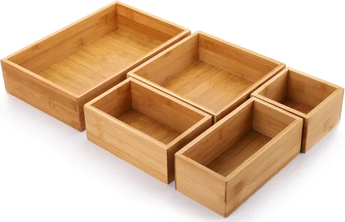 Lawei Juego de 5 cajas organizadoras de cajones de bambú, kit de caja de almacenamiento de escritorio, contenedores de almacenamiento de cajones